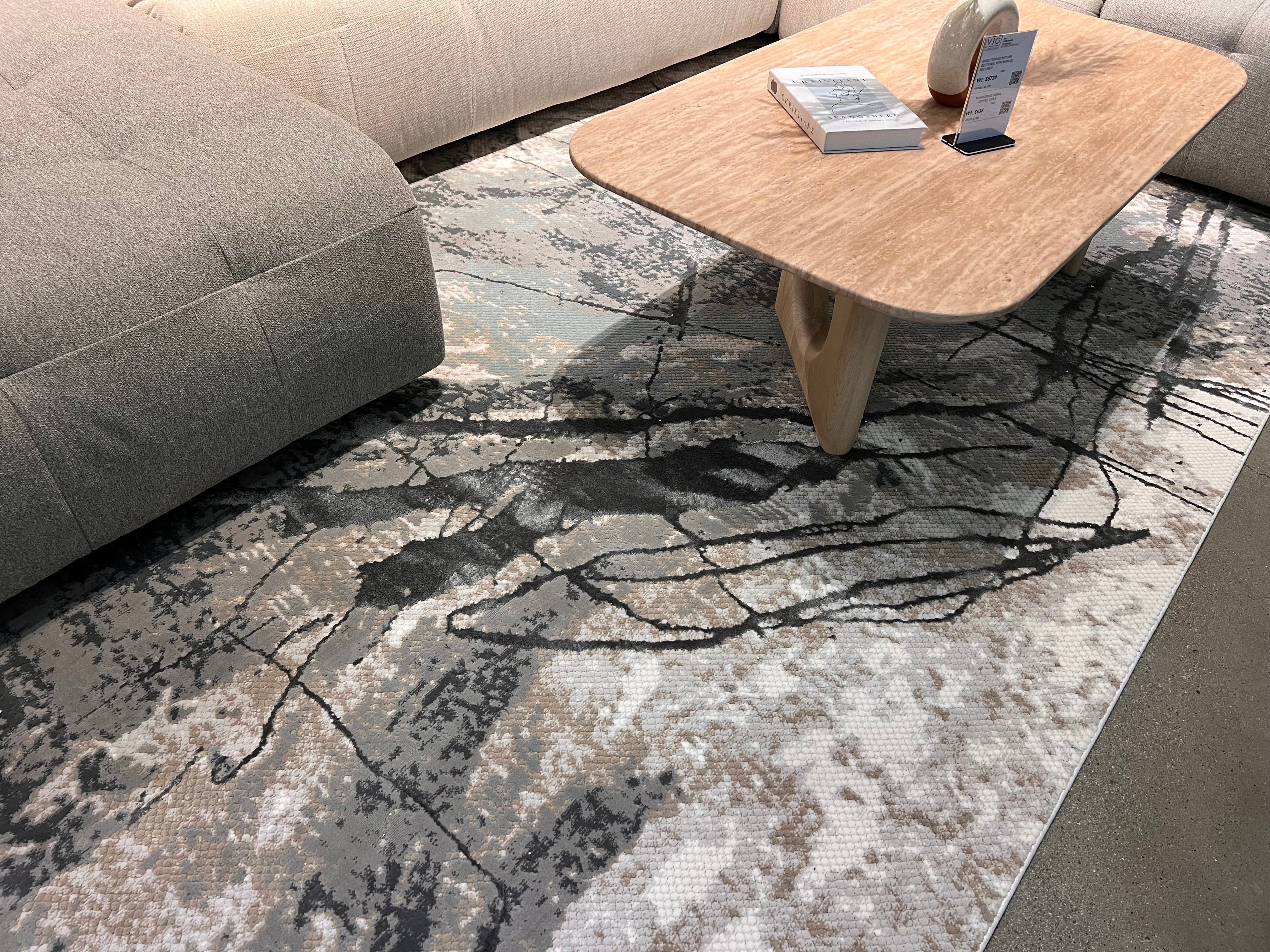 Abstract Marbled High-Low Rug in Crème Beige with Charcoal Tone-on-Tone Design, Faded Teal & Mocha Accents - METZ 4202.
