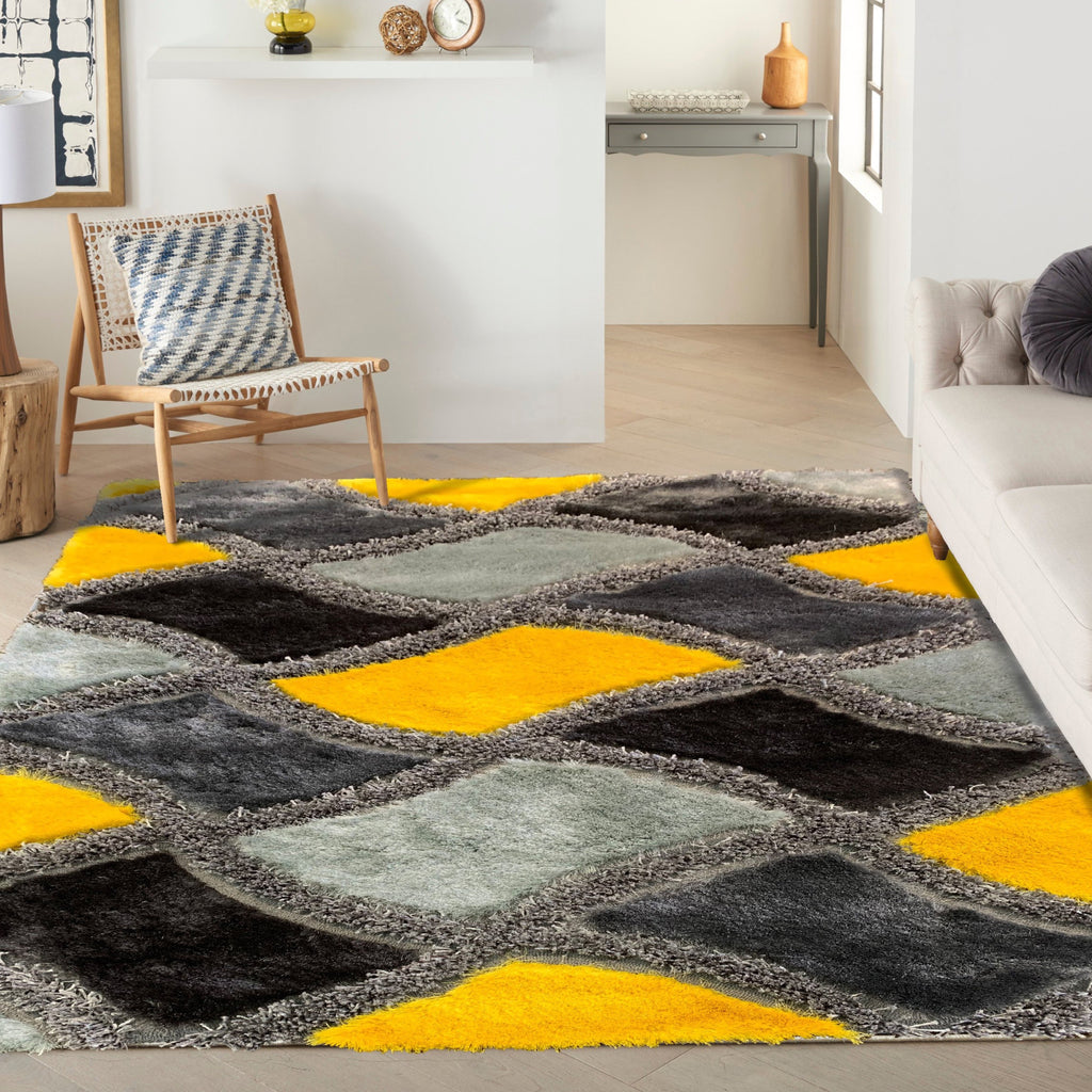 Plush Fluffy Soft Shinny Multi Textural Yellow Black Gray Shag Area Rug/Carpet