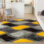 Plush Fluffy Soft Shinny Multi Textural Yellow Black Gray Shag Area Rug/Carpet