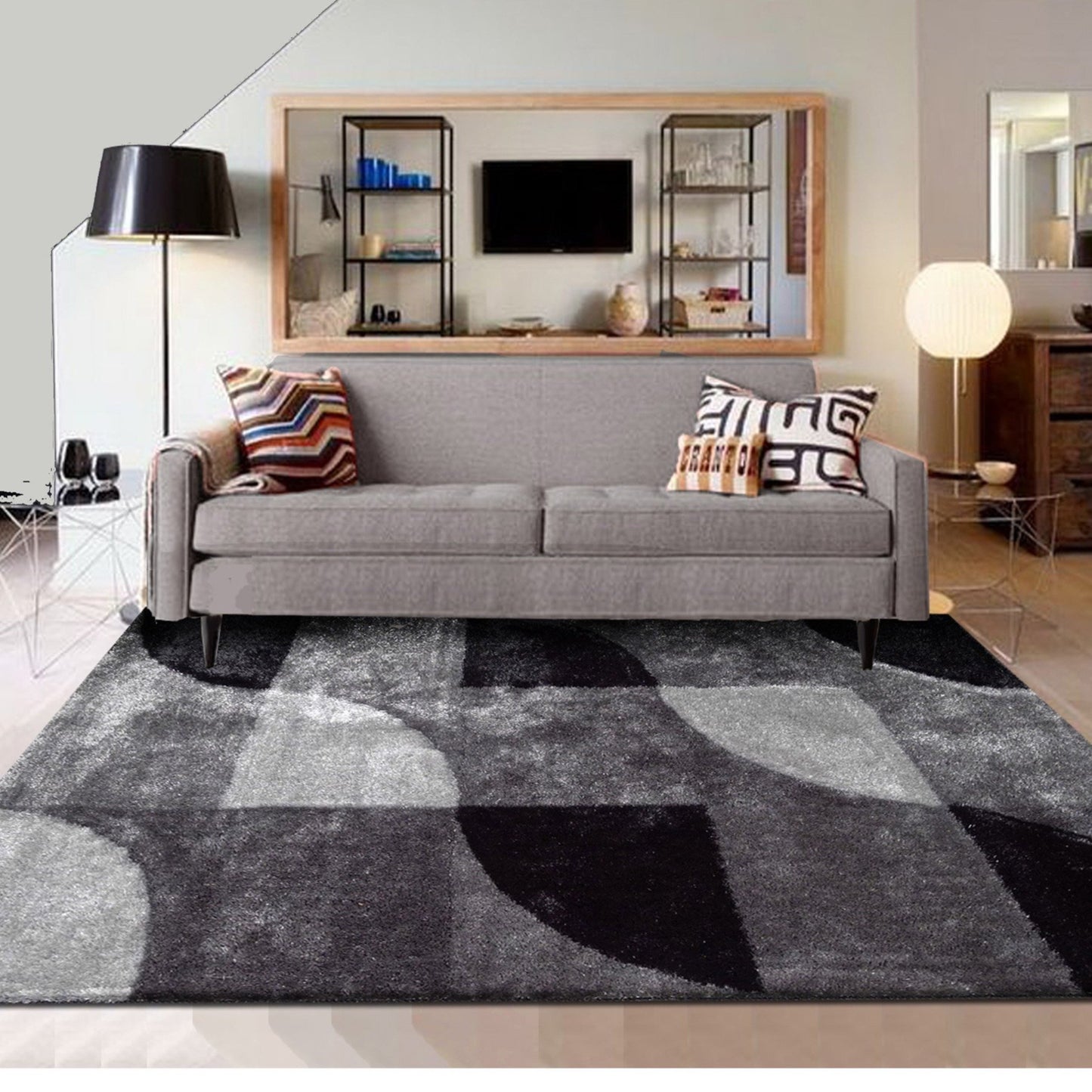 Vibrant Soft Cozy Geometric Design Shag Area Rug/Carpet Black gray