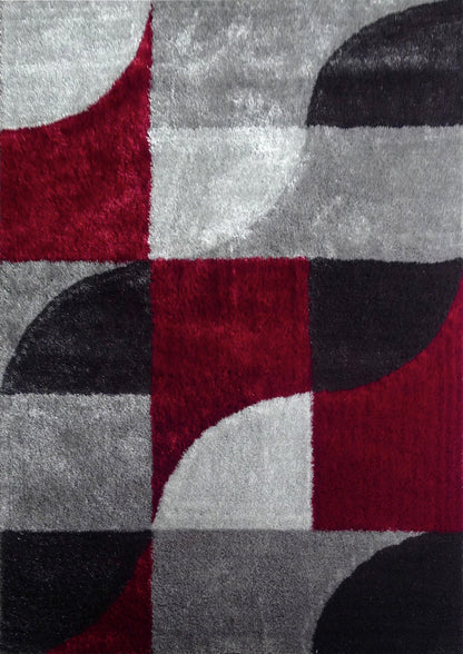 Vibrant Soft Cozy Geometric Design Shag Area Rug/Carpet Black Gray Red
