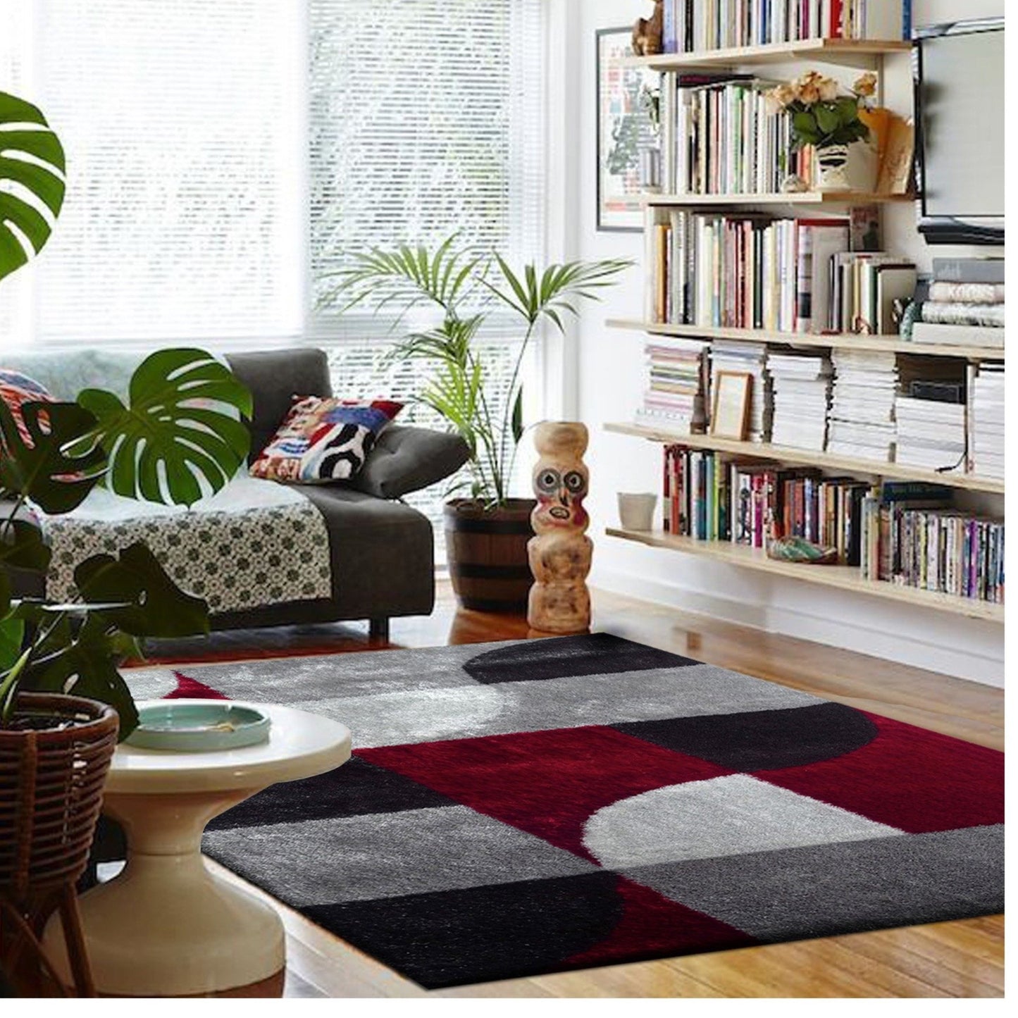 Vibrant Soft Cozy Geometric Design Shag Area Rug/Carpet Black Gray Red