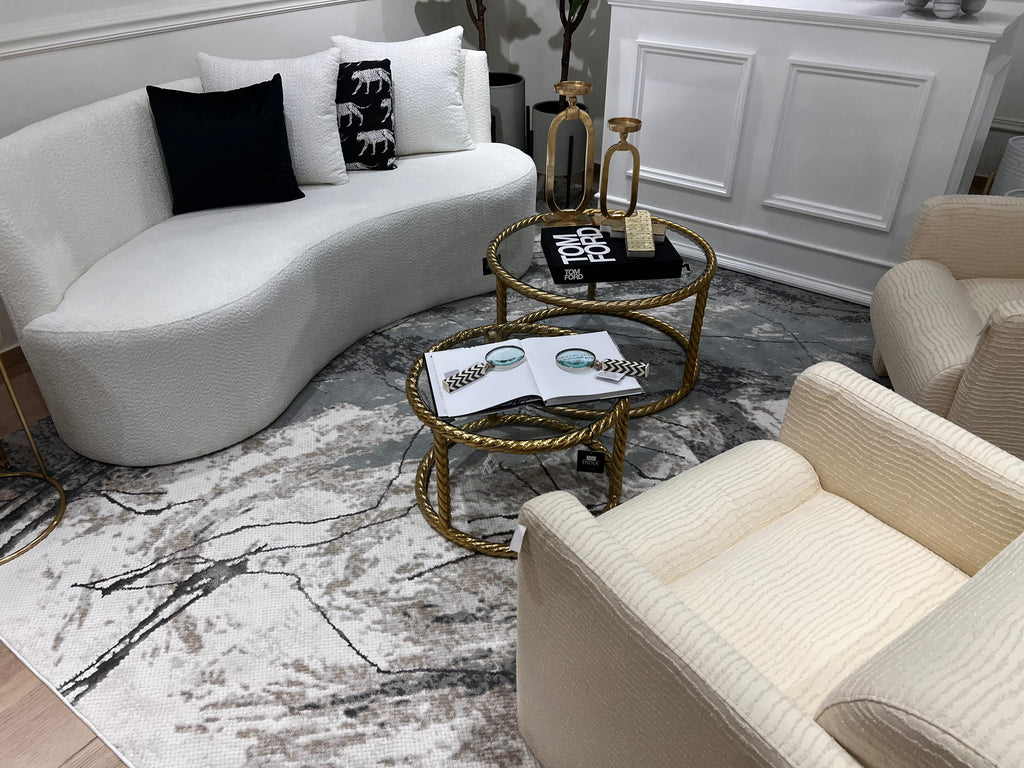 Abstract Marbled High-Low Rug in Crème Beige with Charcoal Tone-on-Tone Design, Faded Teal & Mocha Accents - METZ 4202.