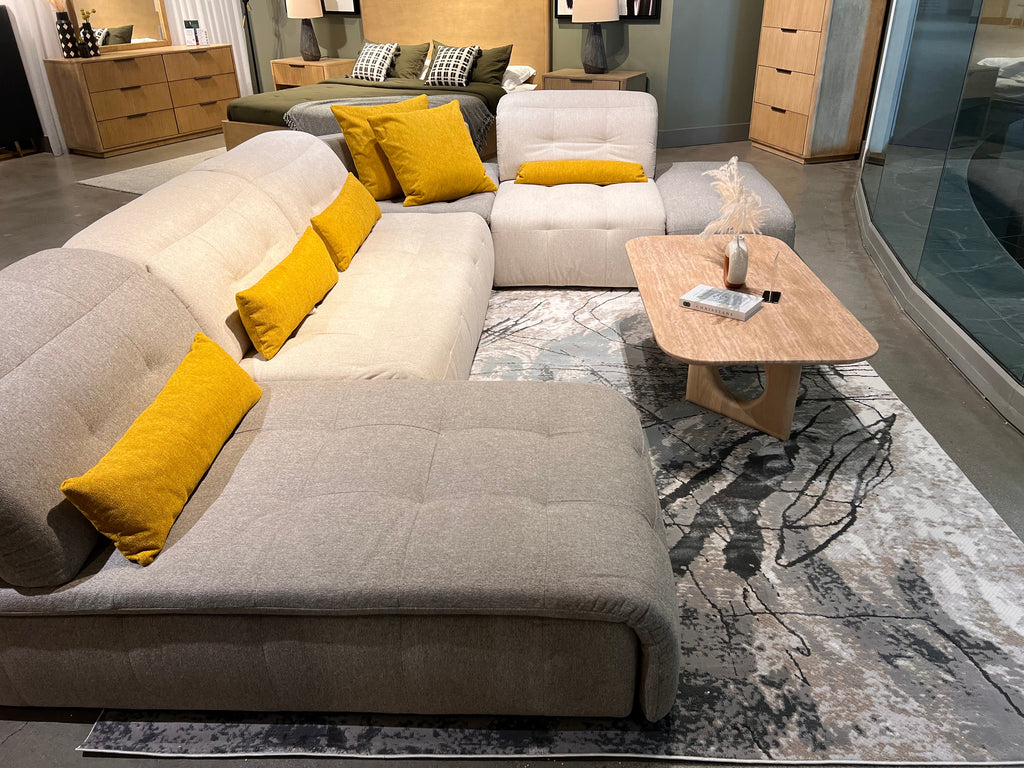 Abstract Marbled High-Low Rug in Crème Beige with Charcoal Tone-on-Tone Design, Faded Teal & Mocha Accents - METZ 4202.