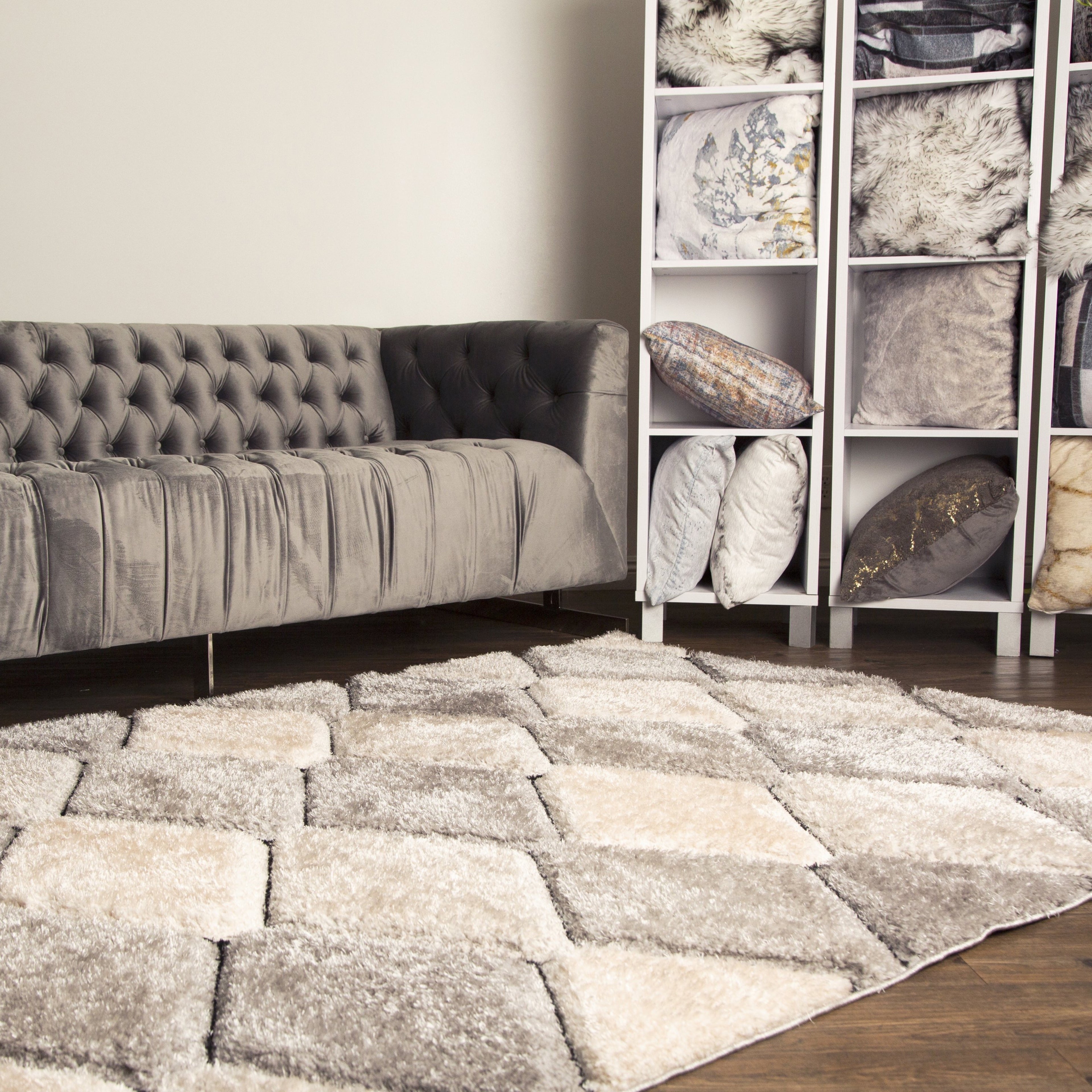 Plush Fluffy Shine 3D Dimond Silver/Gray Design Shag Area Rug/Carpet