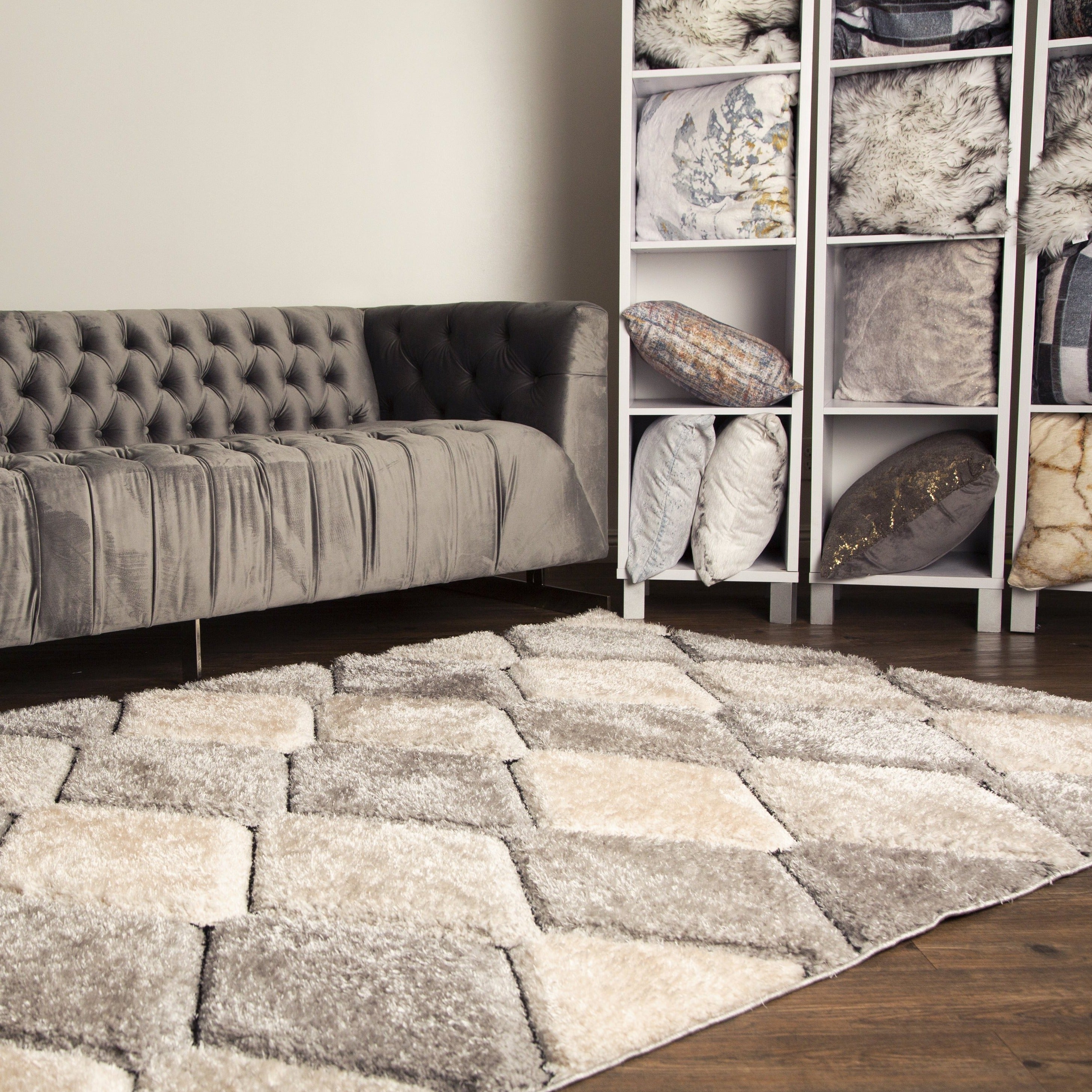 Plush Fluffy Shine 3D Dimond Silver/Gray Design Shag Area Rug/Carpet
