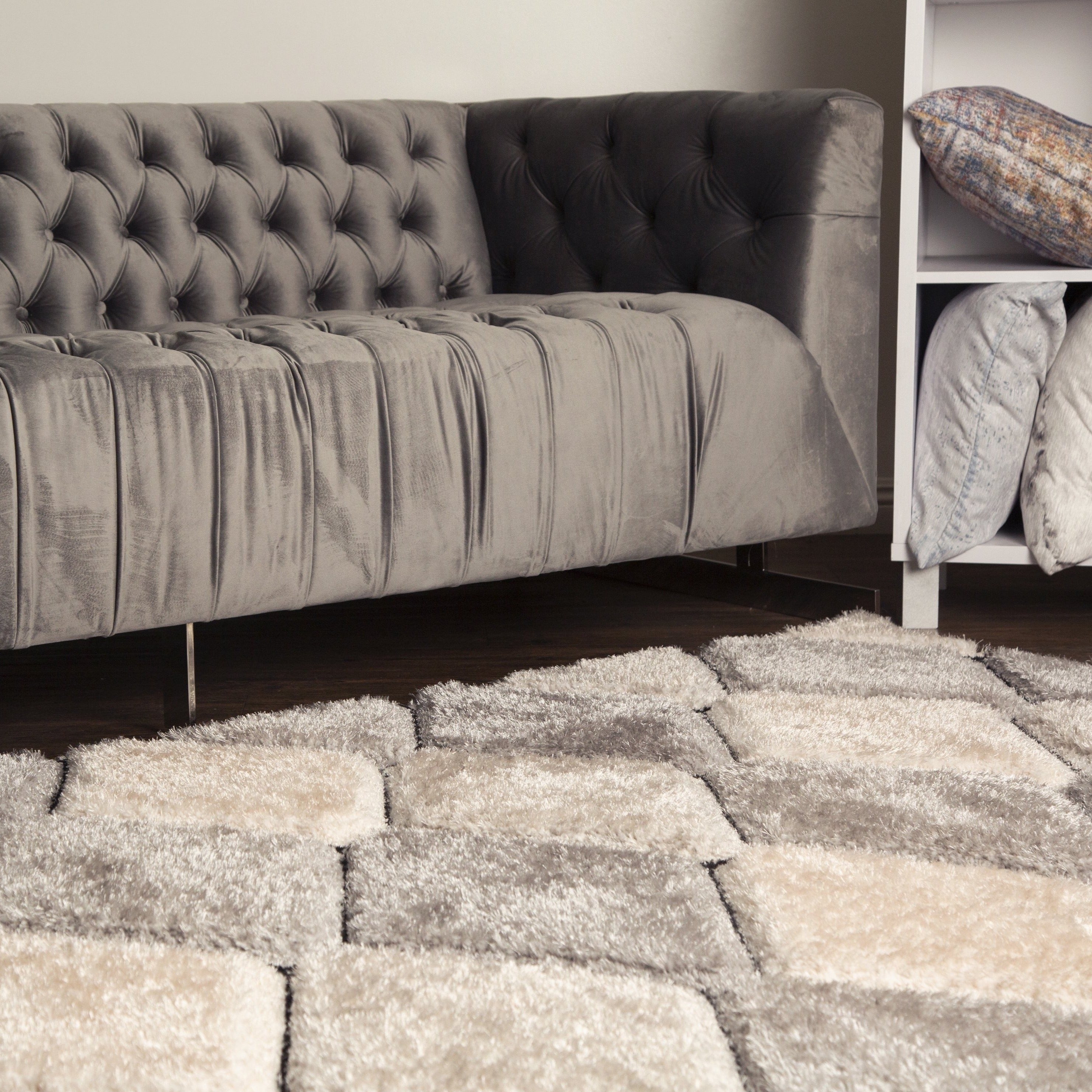 Plush Fluffy Shine 3D Dimond Silver/Gray Design Shag Area Rug/Carpet