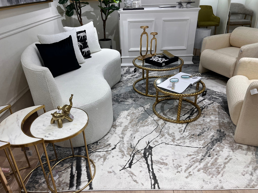 Abstract Marbled High-Low Rug in Crème Beige with Charcoal Tone-on-Tone Design, Faded Teal & Mocha Accents - METZ 4202.