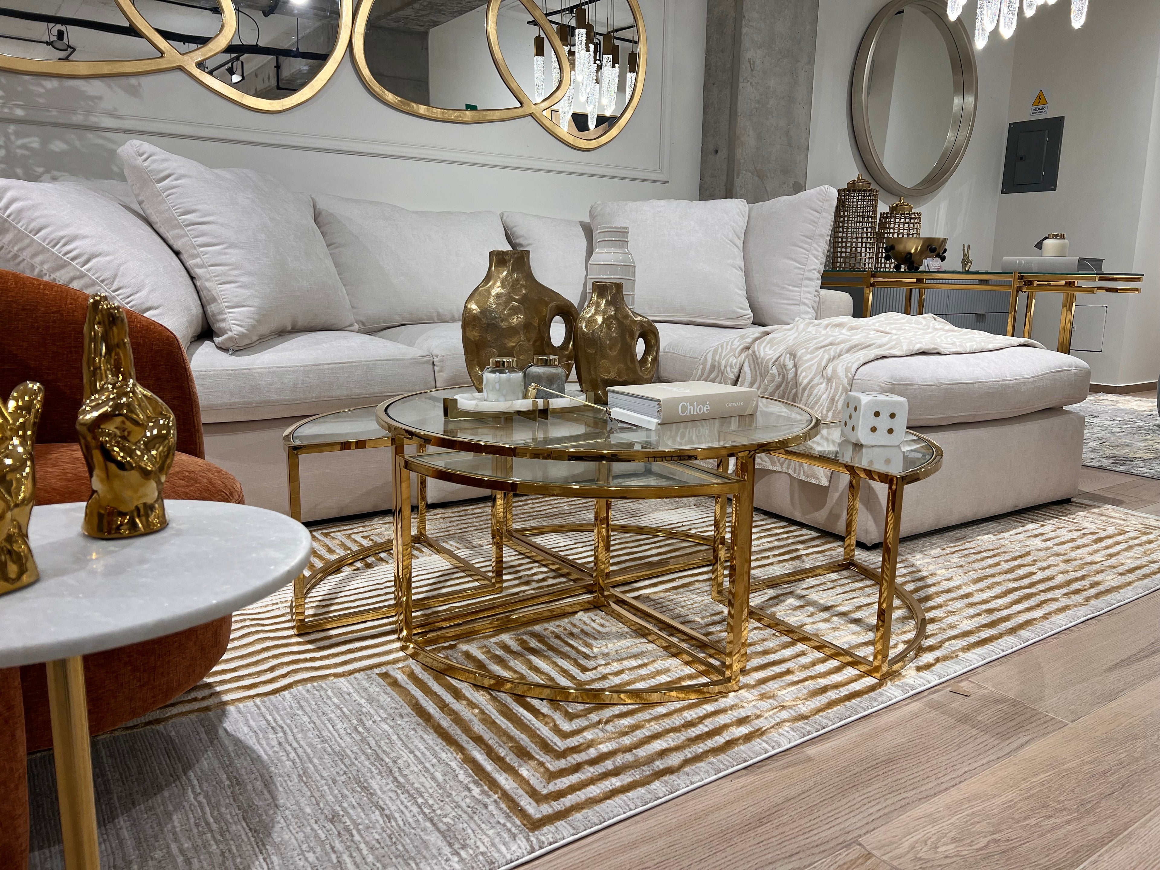 Abstract Crème Beige Rug with Gold Bronze Geometrical Double Stacked Square High-Low Design - METZ 4207.