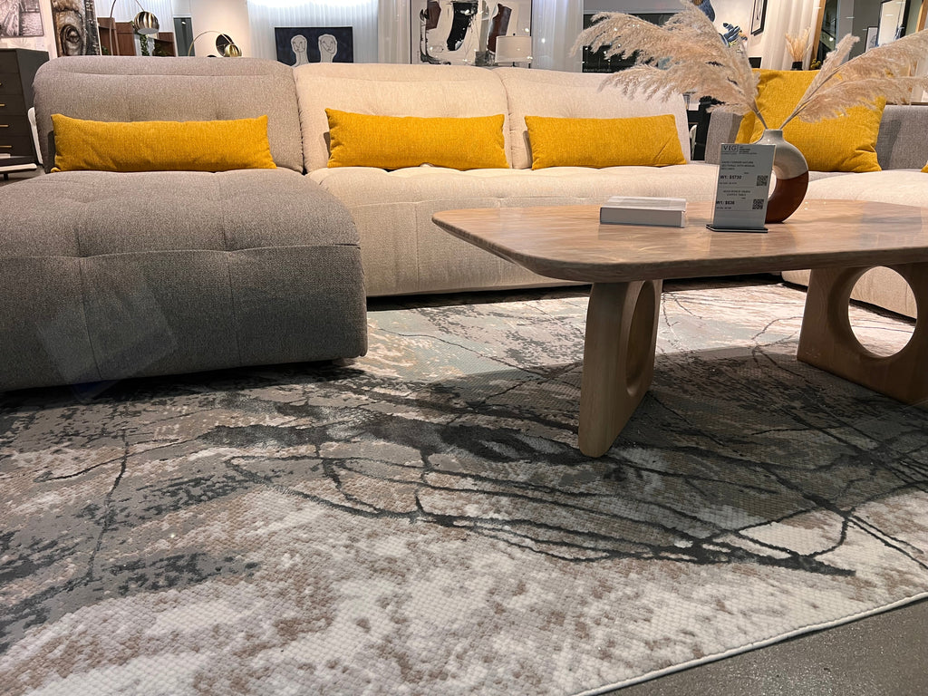 Abstract Marbled High-Low Rug in Crème Beige with Charcoal Tone-on-Tone Design, Faded Teal & Mocha Accents - METZ 4202.