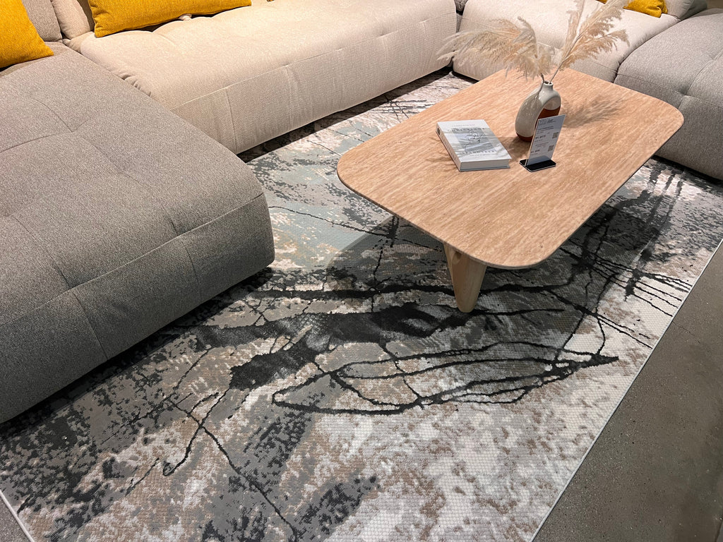 Abstract Marbled High-Low Rug in Crème Beige with Charcoal Tone-on-Tone Design, Faded Teal & Mocha Accents - METZ 4202.