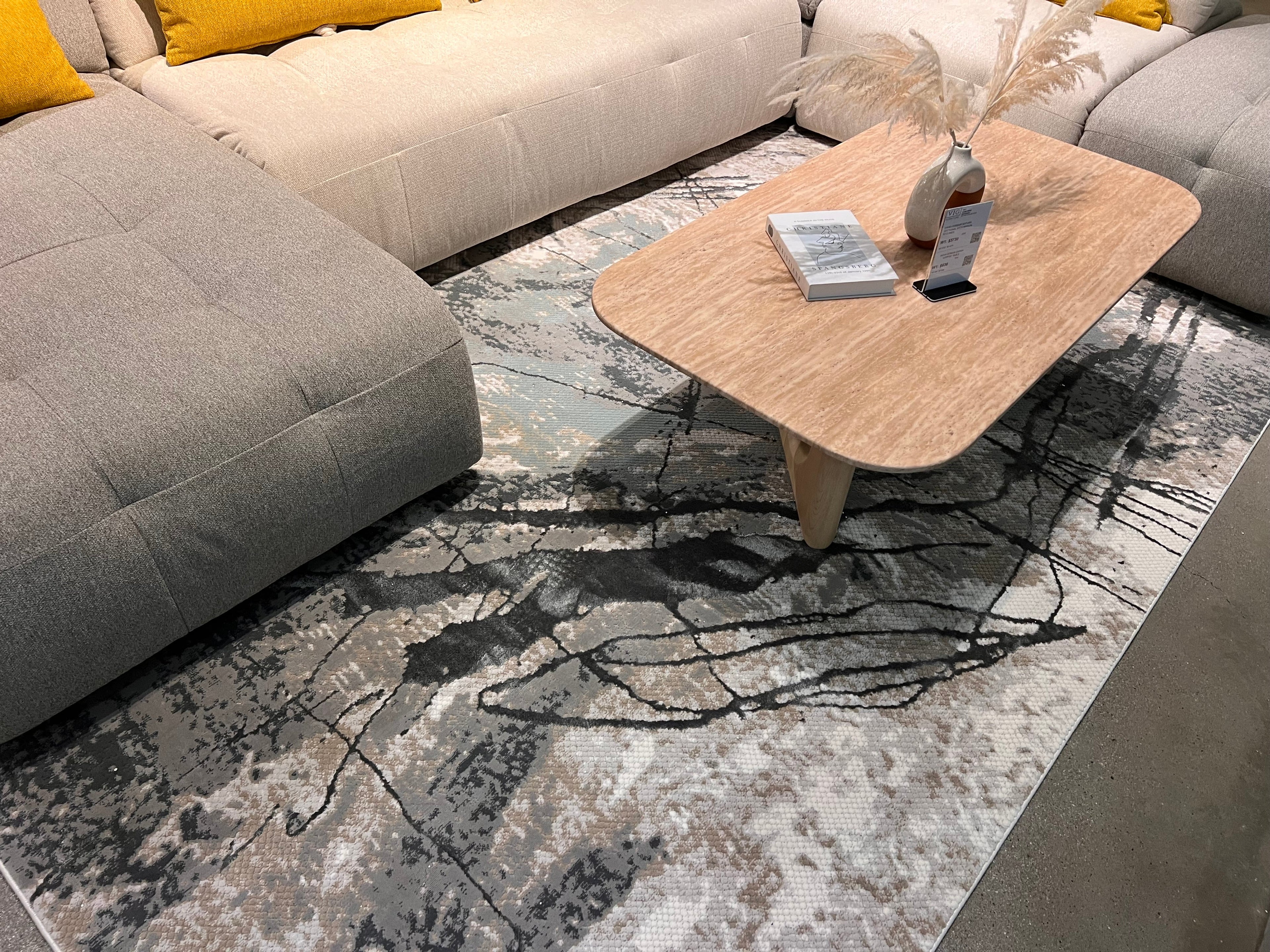 Abstract Marbled High-Low Rug in Crème Beige with Charcoal Tone-on-Tone Design, Faded Teal & Mocha Accents - METZ 4202.