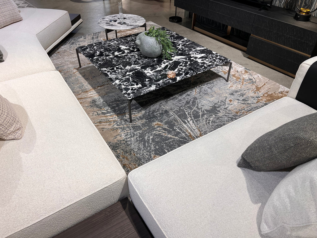 Crème Rug with Charcoal, Silver & Teal Marbled Abstract and Warm Mocha Tone-to-Tone High-Low Texture - METZ 4201.