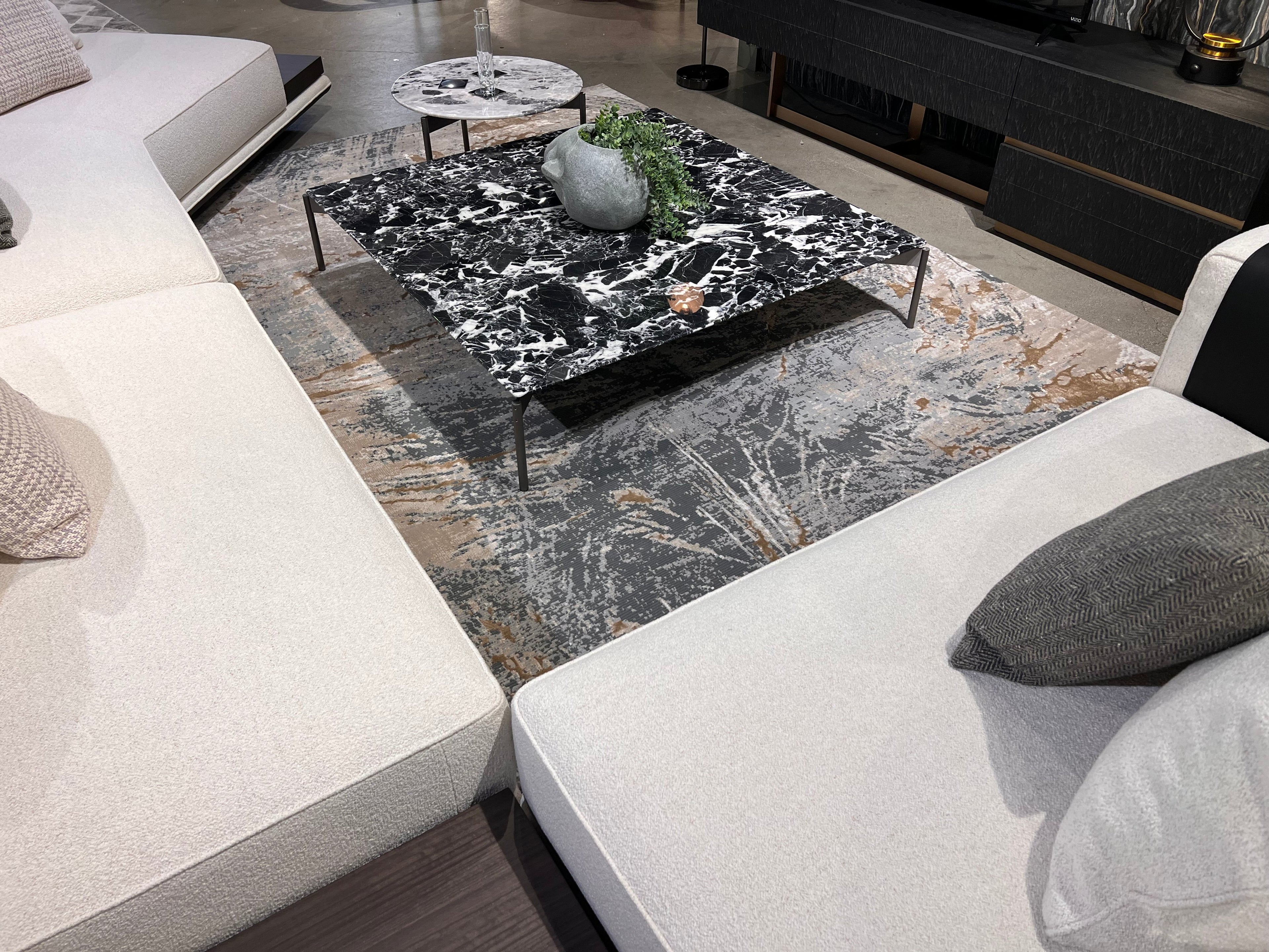 Crème Rug with Charcoal, Silver & Teal Marbled Abstract and Warm Mocha Tone-to-Tone High-Low Texture - METZ 4201.