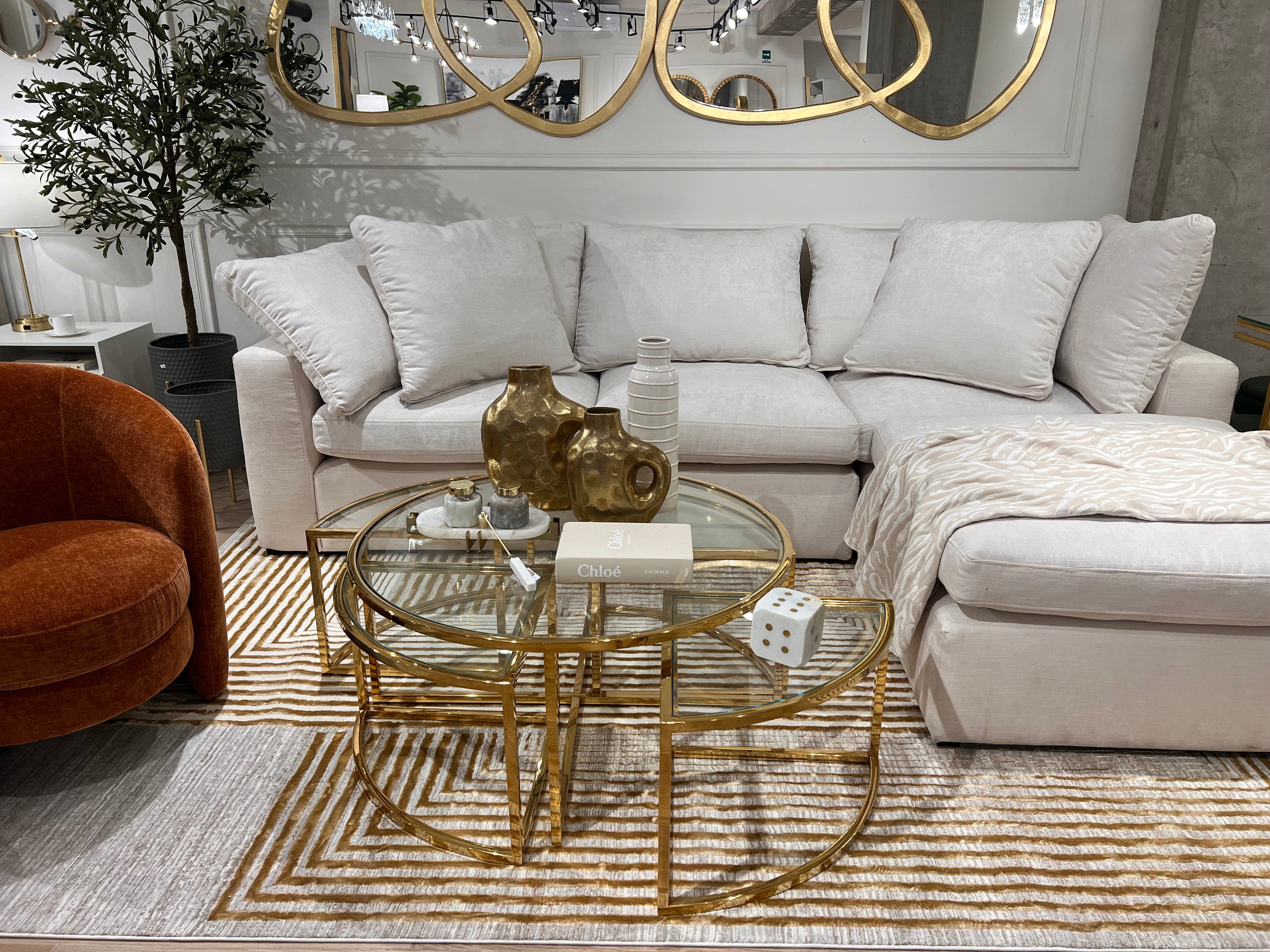 Abstract Crème Beige Rug with Gold Bronze Geometrical Double Stacked Square High-Low Design - METZ 4207.