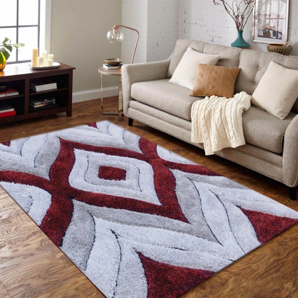Touch of Red/Silver/Yellow Shag Area Rugs/Carpets | Style# SR-721 - Crafted from 100% Polyester, Plush Fluffy Shine 3D Geometric Design