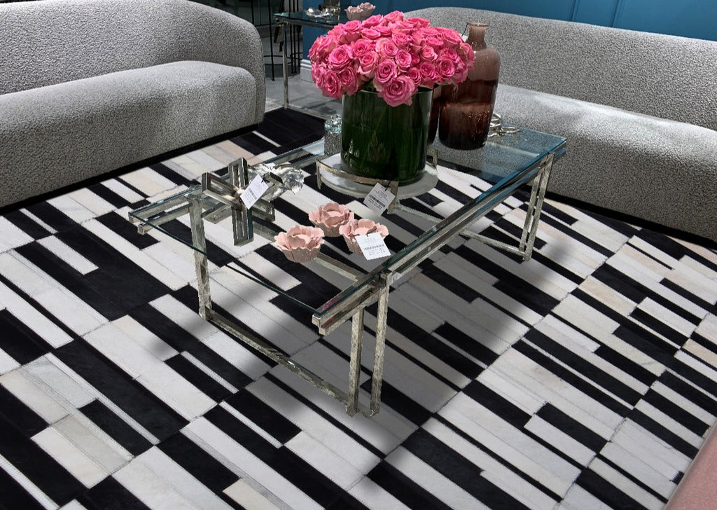 Handmade Black/White Patchwork Cowhide Area Rug
