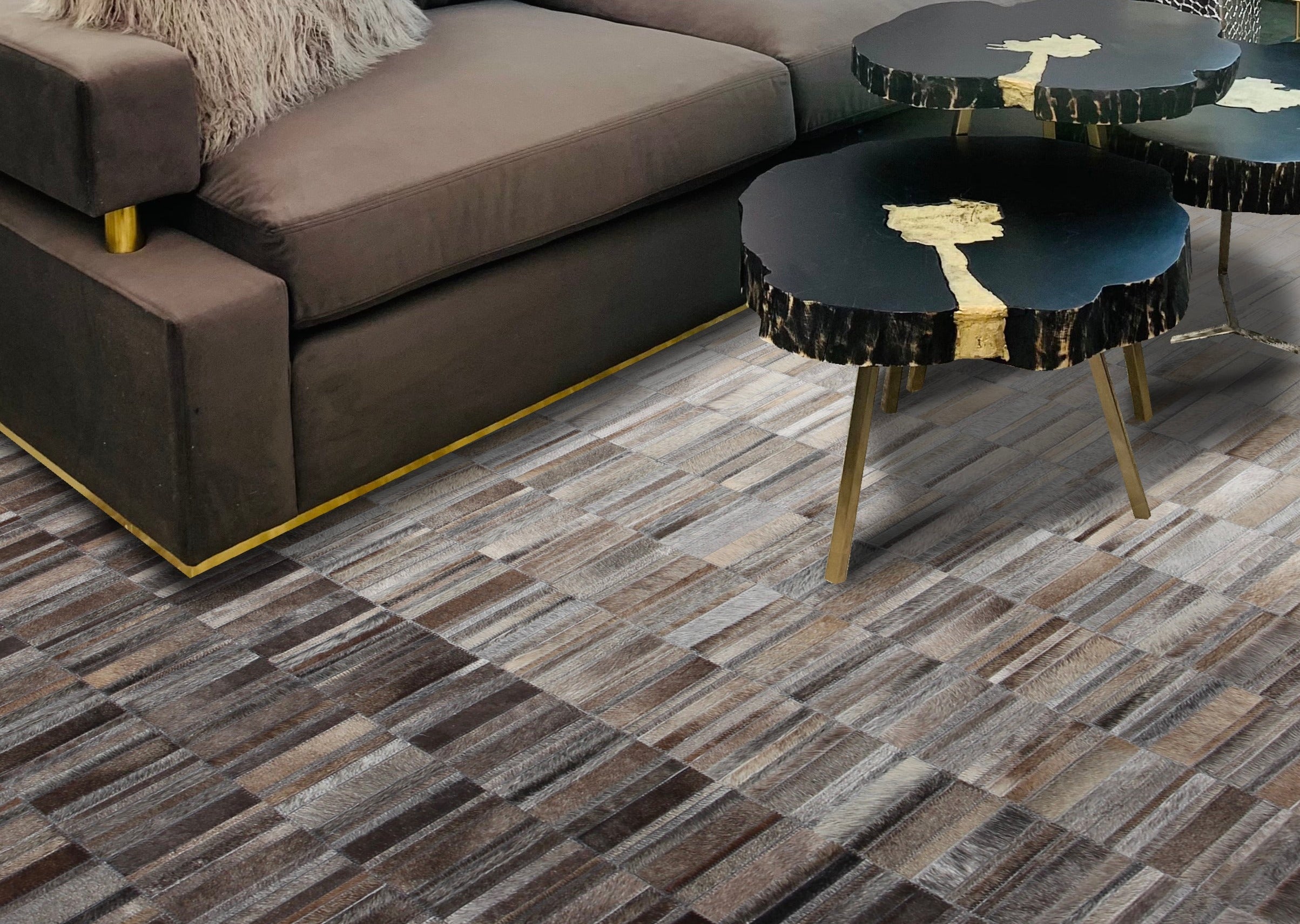 Handmade Fade Mocha White  Patchwork Cowhide Area Rug PCH207