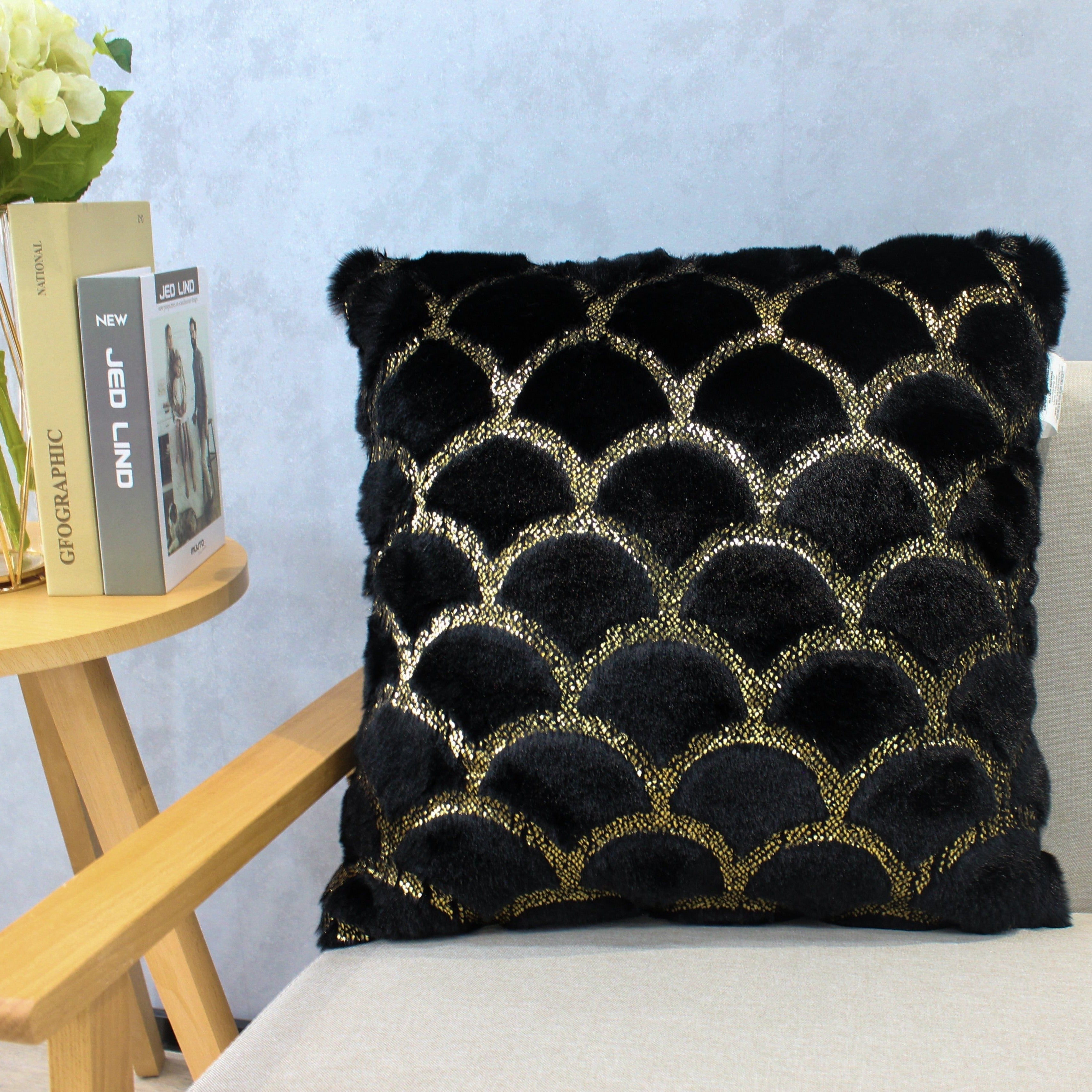 Golden Mermaid Faux Fur Glow Fluffy Extra Soft Shimmery Foil Illuminating Effect Throw Pillow/Positioner -Metallica Pillow Collection