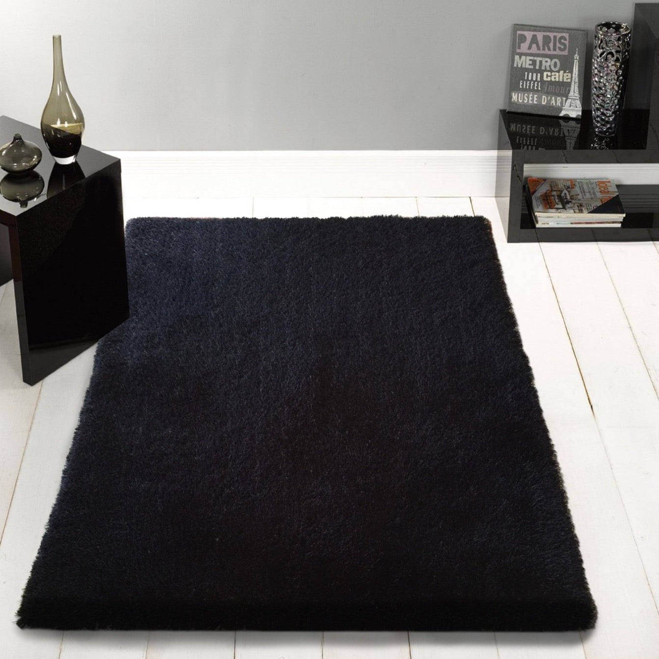 Plush Fluffy Shinny Multi Textural Black Shag Area Rug/Carpet