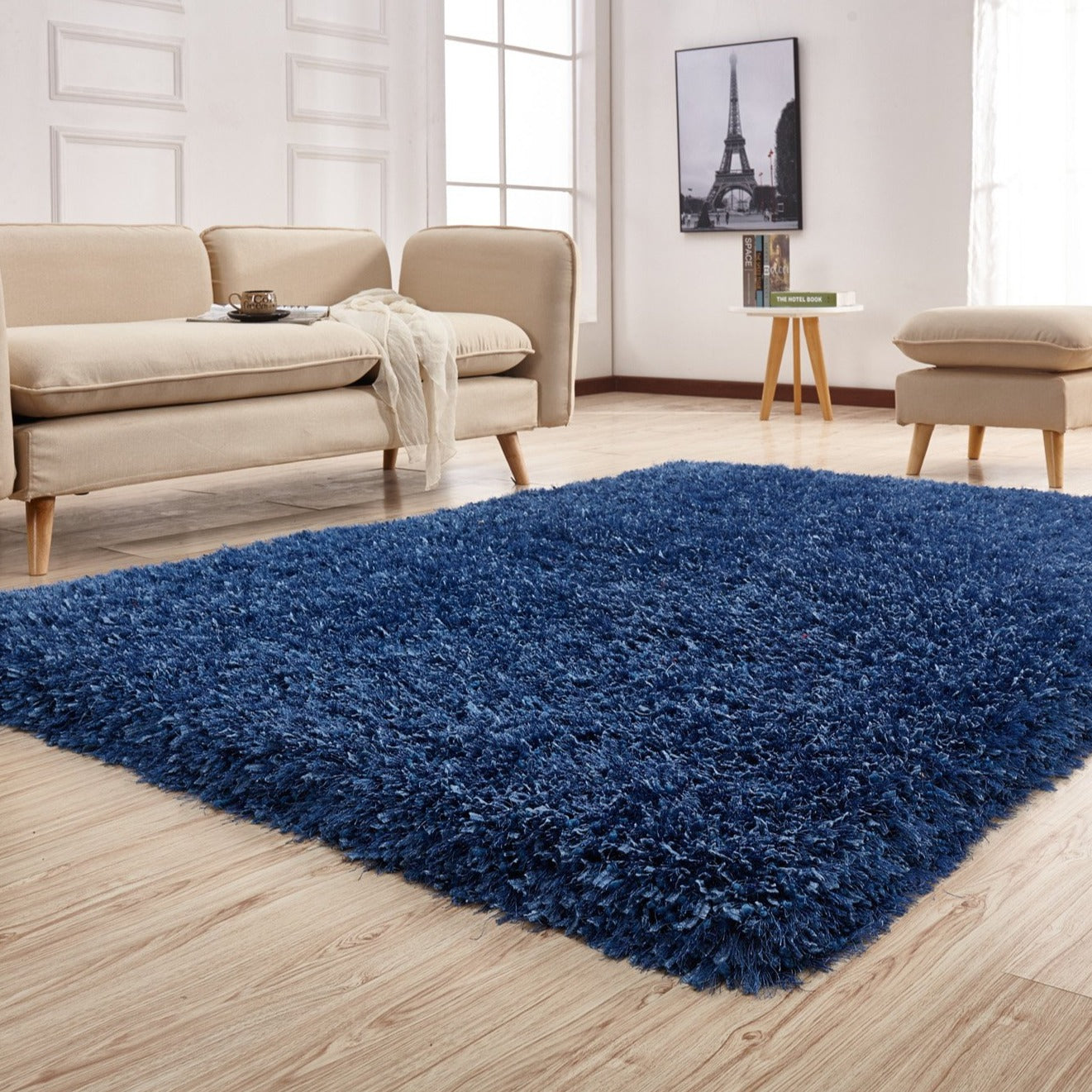 Crystal Shine Shag Plush Fluffy Ribbon Area Rug/ Carpet Blue