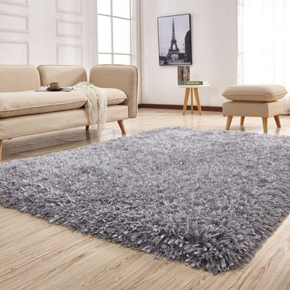 Crystal Shine Shag Plush Fluffy Ribbon Area Rug/ Carpet Silver