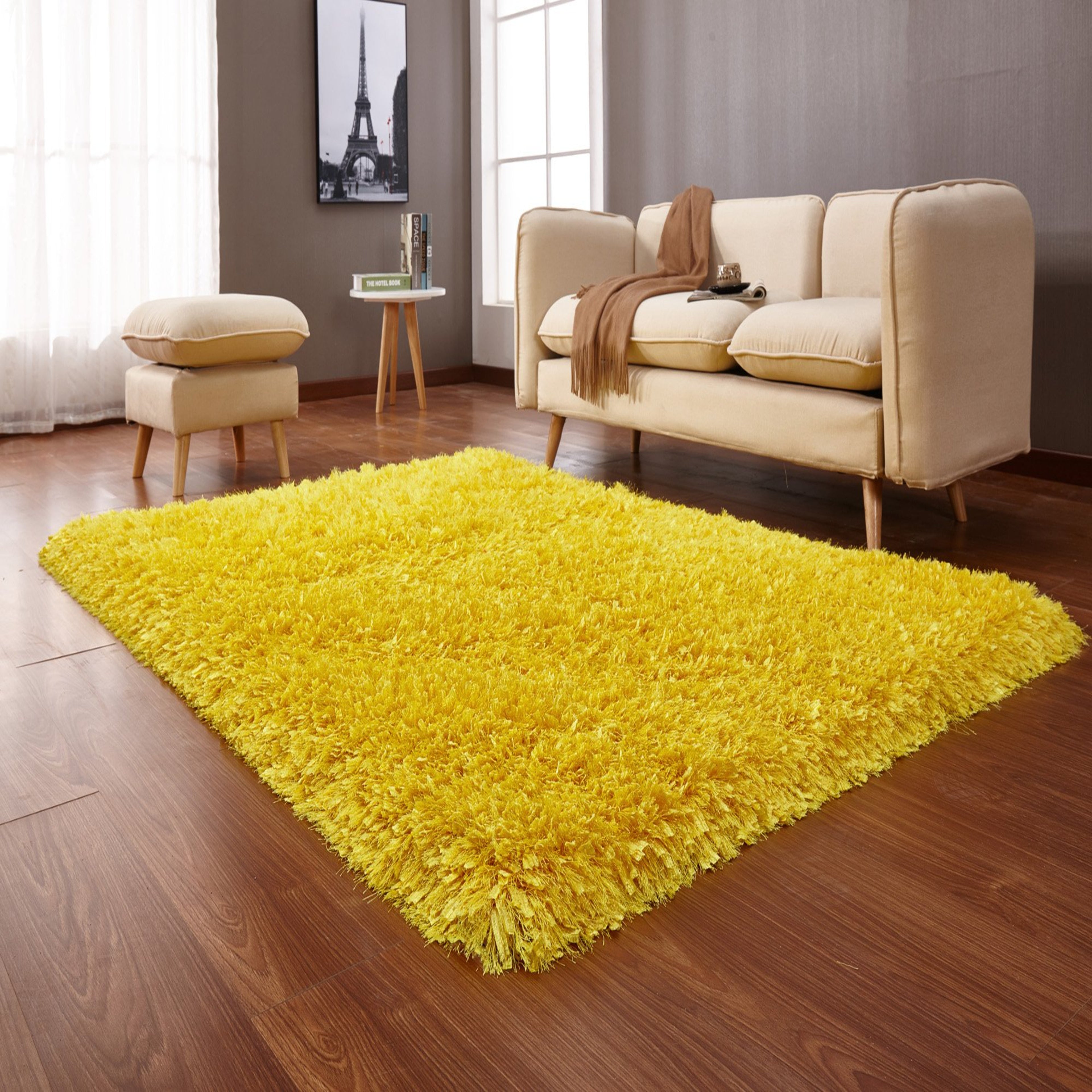 Crystal Shine Shag Plush Fluffy Ribbon Area Rug/ Carpet Yellow