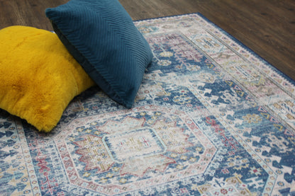 Blue Beige Vintage Faded Distressed Print Style Area Rug/ Carpet