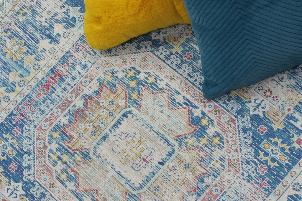 Blue Beige Vintage Faded Distressed Print Style Area Rug/ Carpet