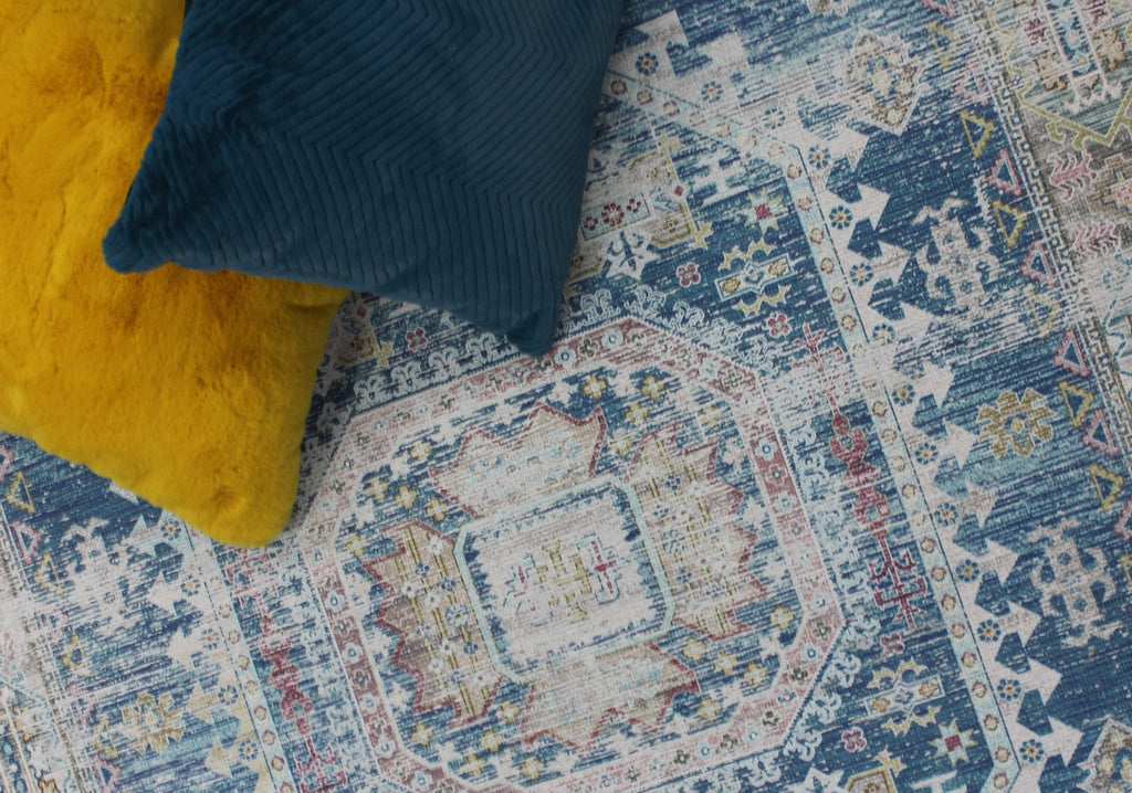 Blue Beige Vintage Faded Distressed Print Style Area Rug/ Carpet