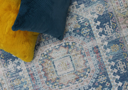 Blue Beige Vintage Faded Distressed Print Style Area Rug/ Carpet
