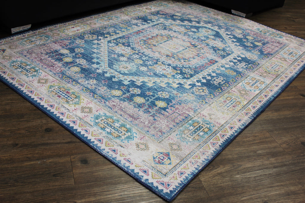 Blue Beige Vintage Faded Distressed Print Style Area Rug/ Carpet