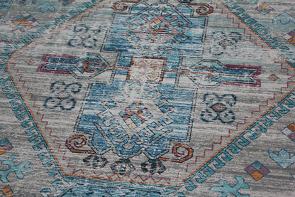 Beige Blue Orange Tones Vintage Faded Print Style Area Rug/ Carpet