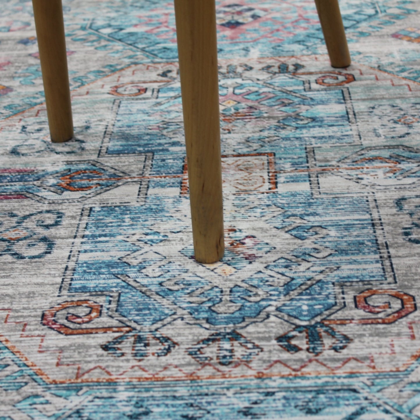 Beige Blue Orange Tones Vintage Faded Print Style Area Rug/ Carpet