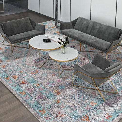 Beige Blue Orange Tones Vintage Faded Print Style Area Rug/ Carpet