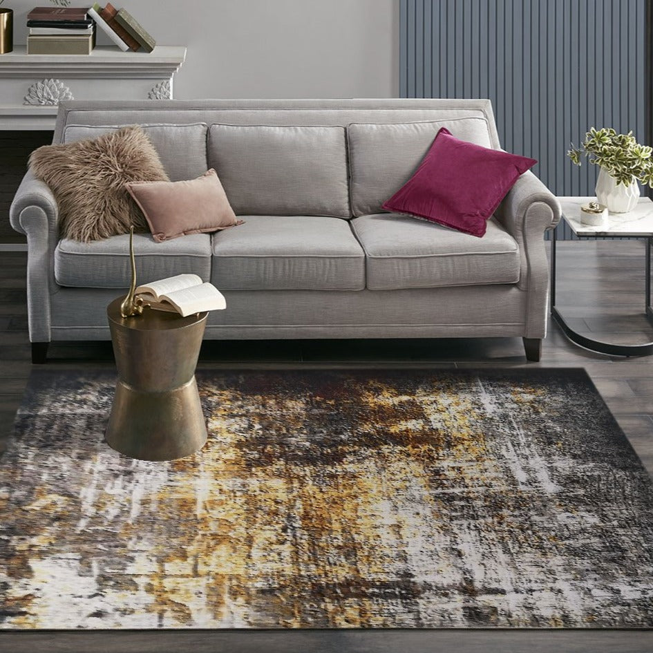 Yellow Gray Multicolor Print Vintage Design Area Rug/ Carpet