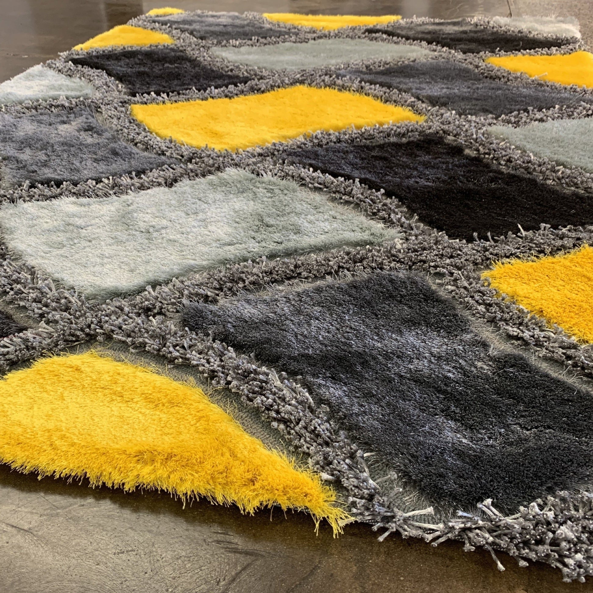 Plush Fluffy Soft Shinny Multi Textural Yellow Black Gray Shag Area Rug/Carpet