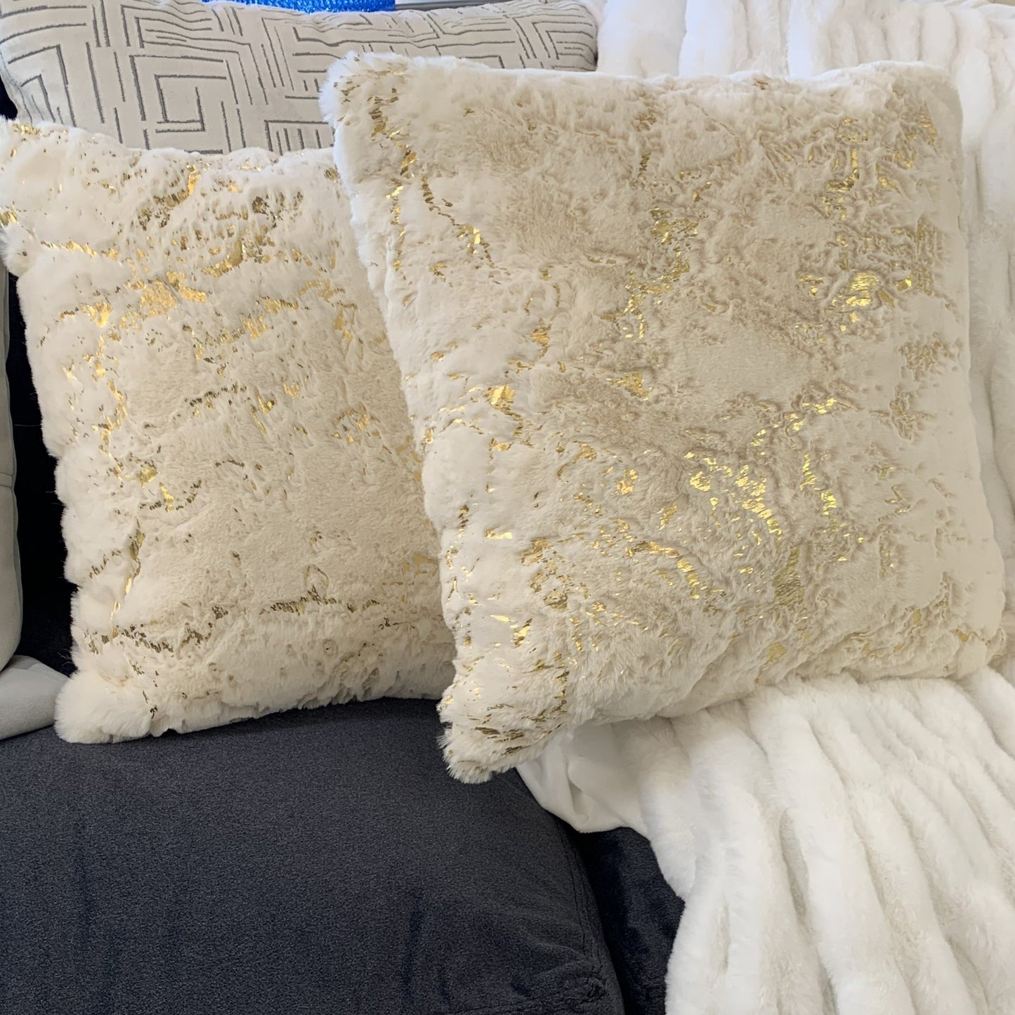 Golden Faux Fur Glow Fluffy Extra Soft Shimmery Foil Illuminating Effect Throw Pillow/Positioner -Metallica Pillow Collection