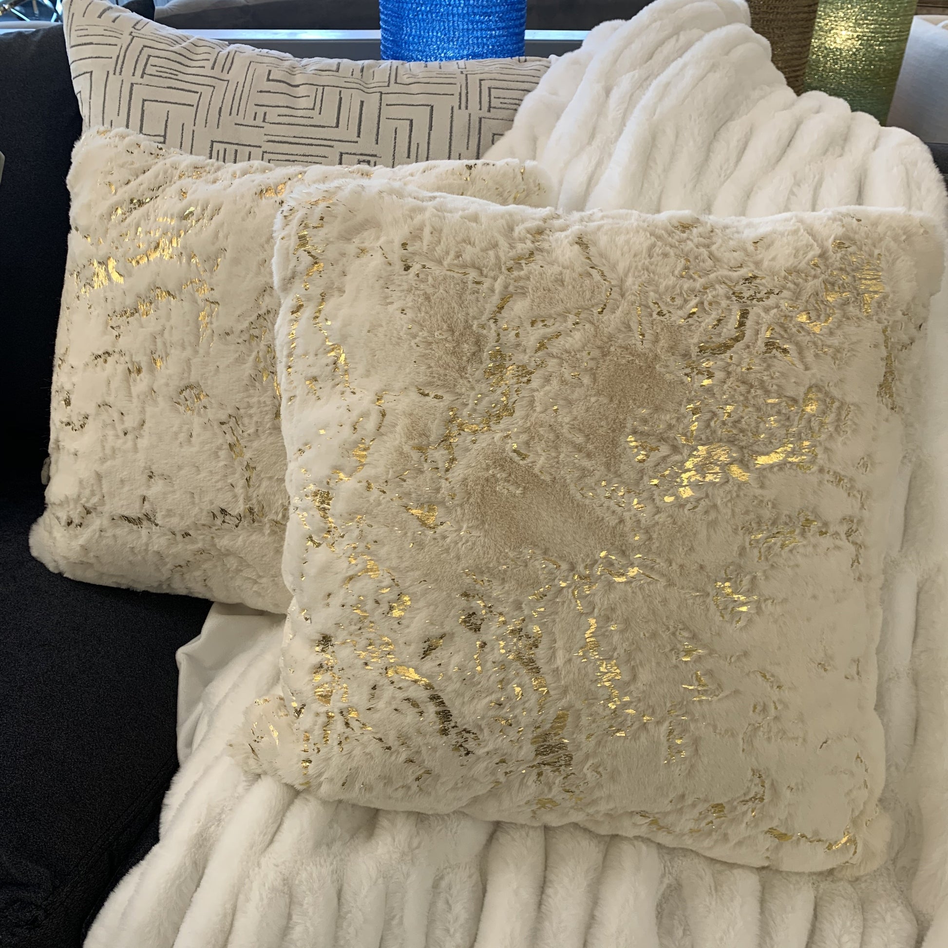 Golden Faux Fur Glow Fluffy Extra Soft Shimmery Foil Illuminating Effect Throw Pillow/Positioner -Metallica Pillow Collection