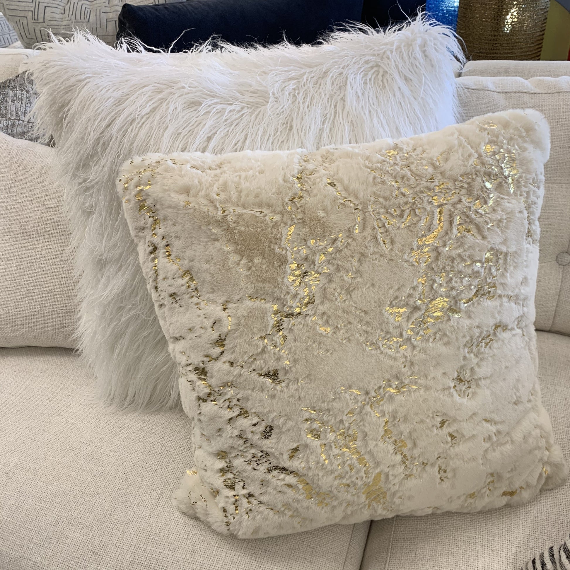 Golden Faux Fur Glow Fluffy Extra Soft Shimmery Foil Illuminating Effect Throw Pillow/Positioner -Metallica Pillow Collection