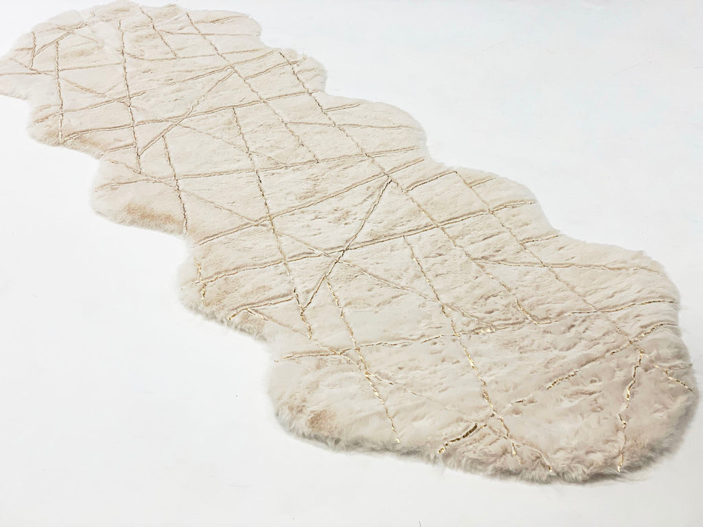 White Faux Fur Runner With Metallic Golden lines Design