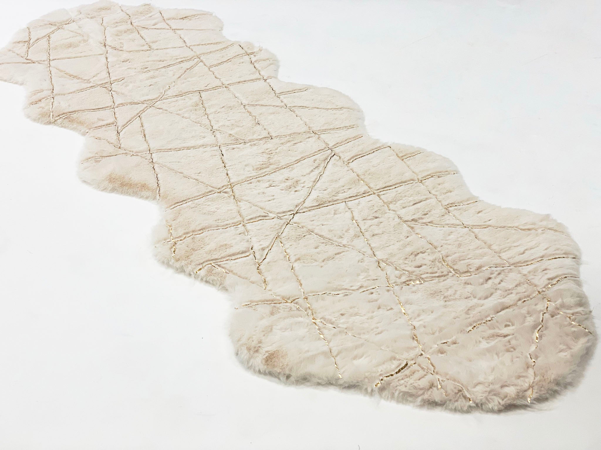 White Faux Fur Runner With Metallic Golden lines Design