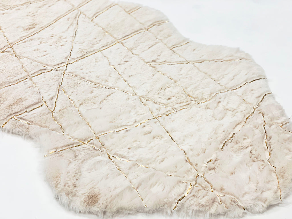 White Faux Fur Runner With Metallic Golden Design
