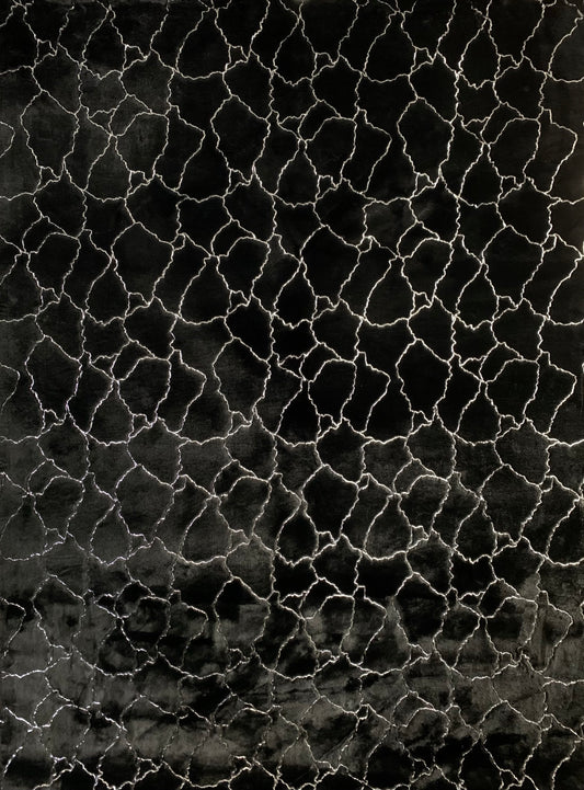 Black Marble Design Faux Fur Metallic Silver Shimmery Rug / Carpet