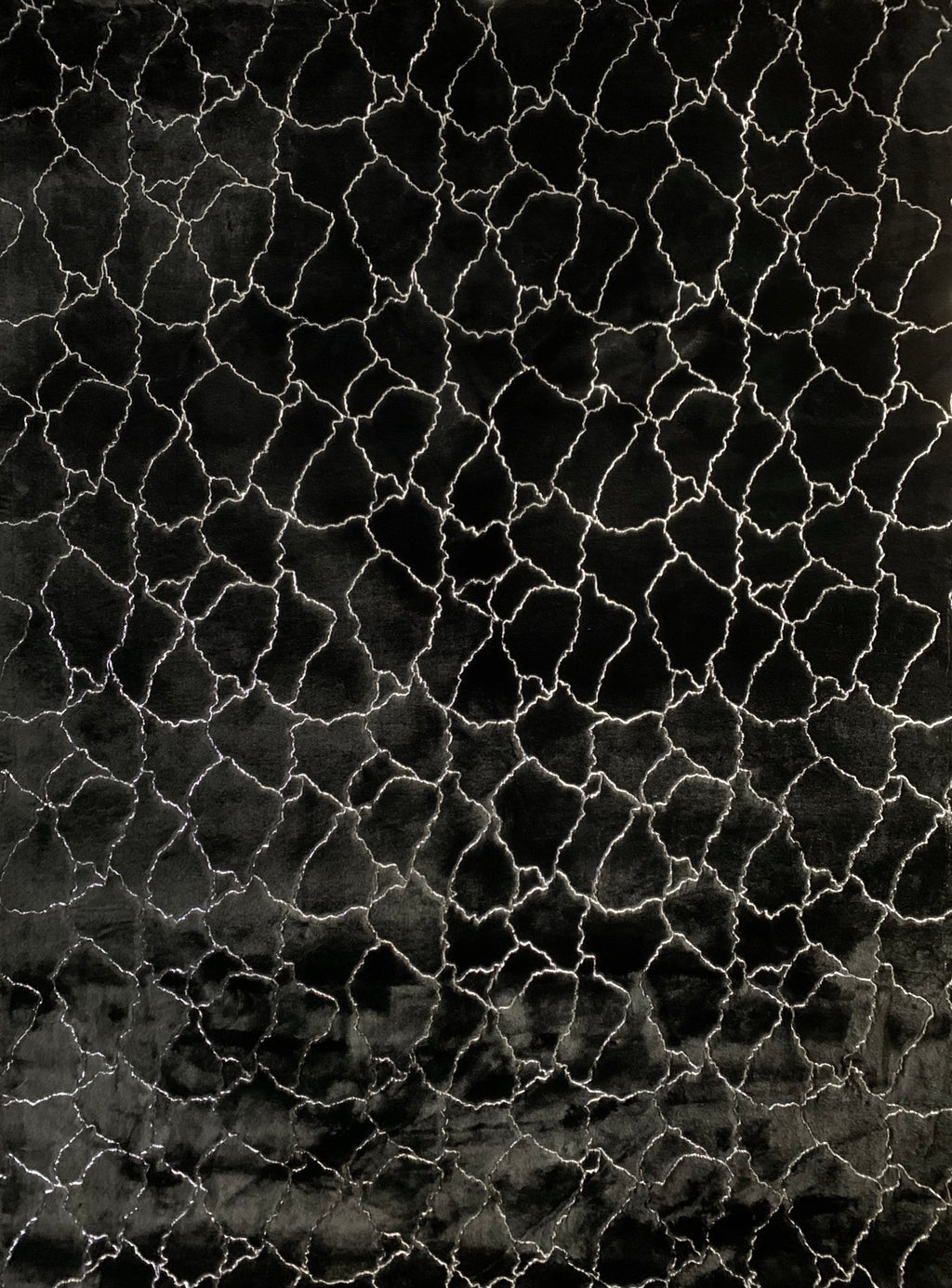 Black Marble Design Faux Fur Metallic Silver Shimmery Rug / Carpet