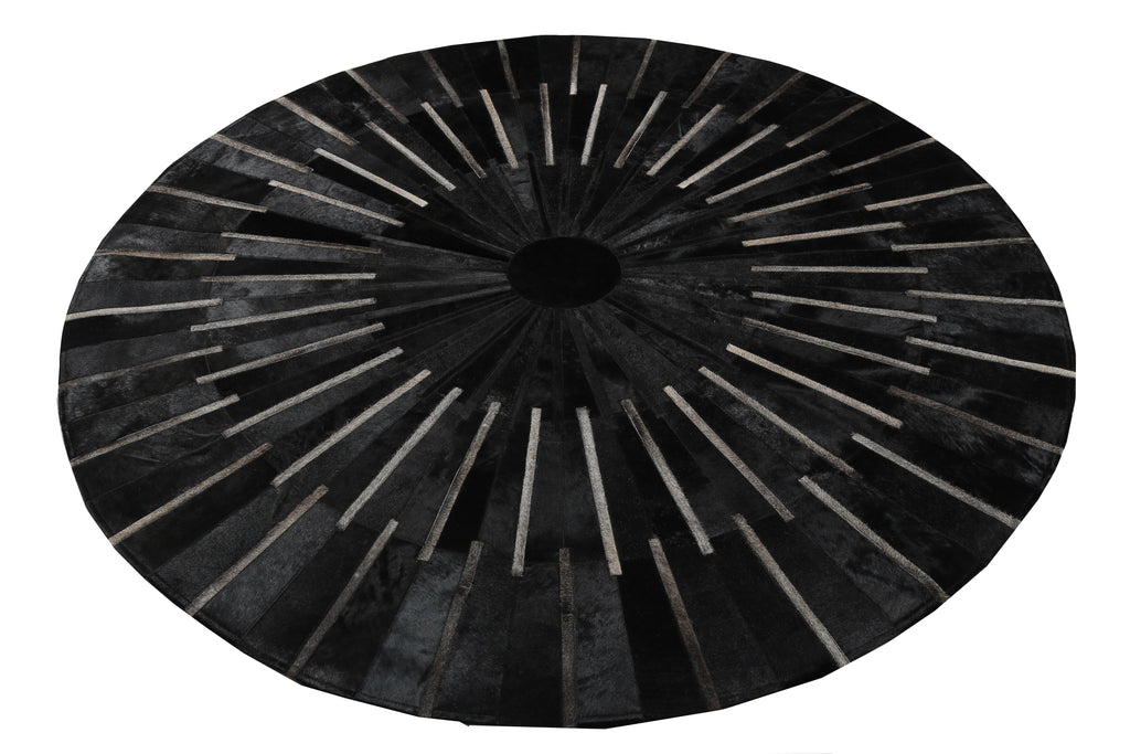 Geometric Round Cowhide Patchwork Rug – Black with Charcoal Stripes - Patchwork PCH216 Round