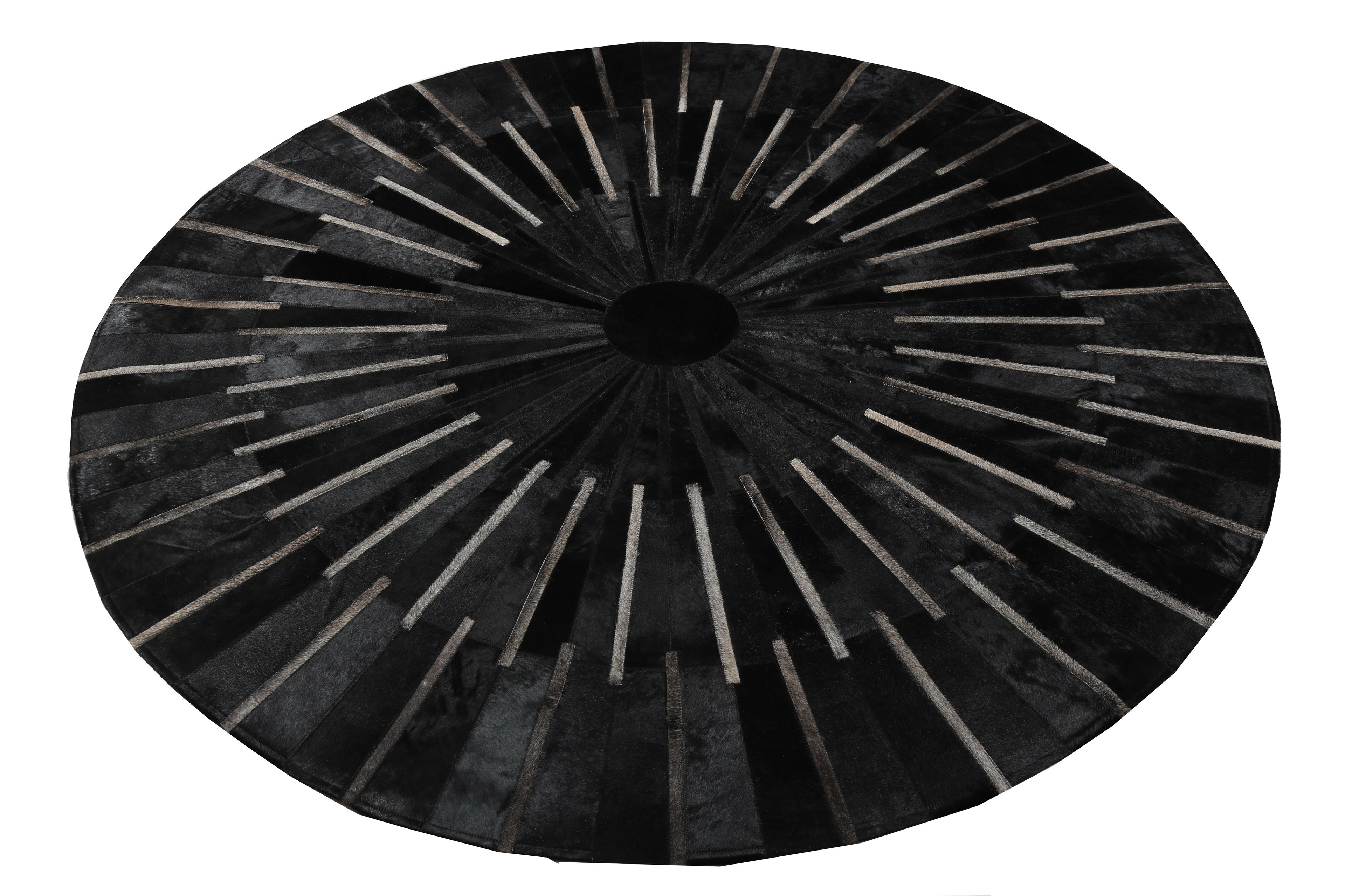 Geometric Round Cowhide Patchwork Rug – Black with Charcoal Stripes - Patchwork PCH216 Round