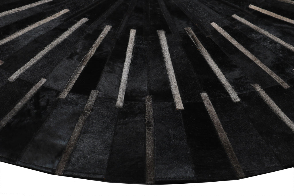 Geometric Round Cowhide Patchwork Rug – Black with Charcoal Stripes - Patchwork PCH216 Round