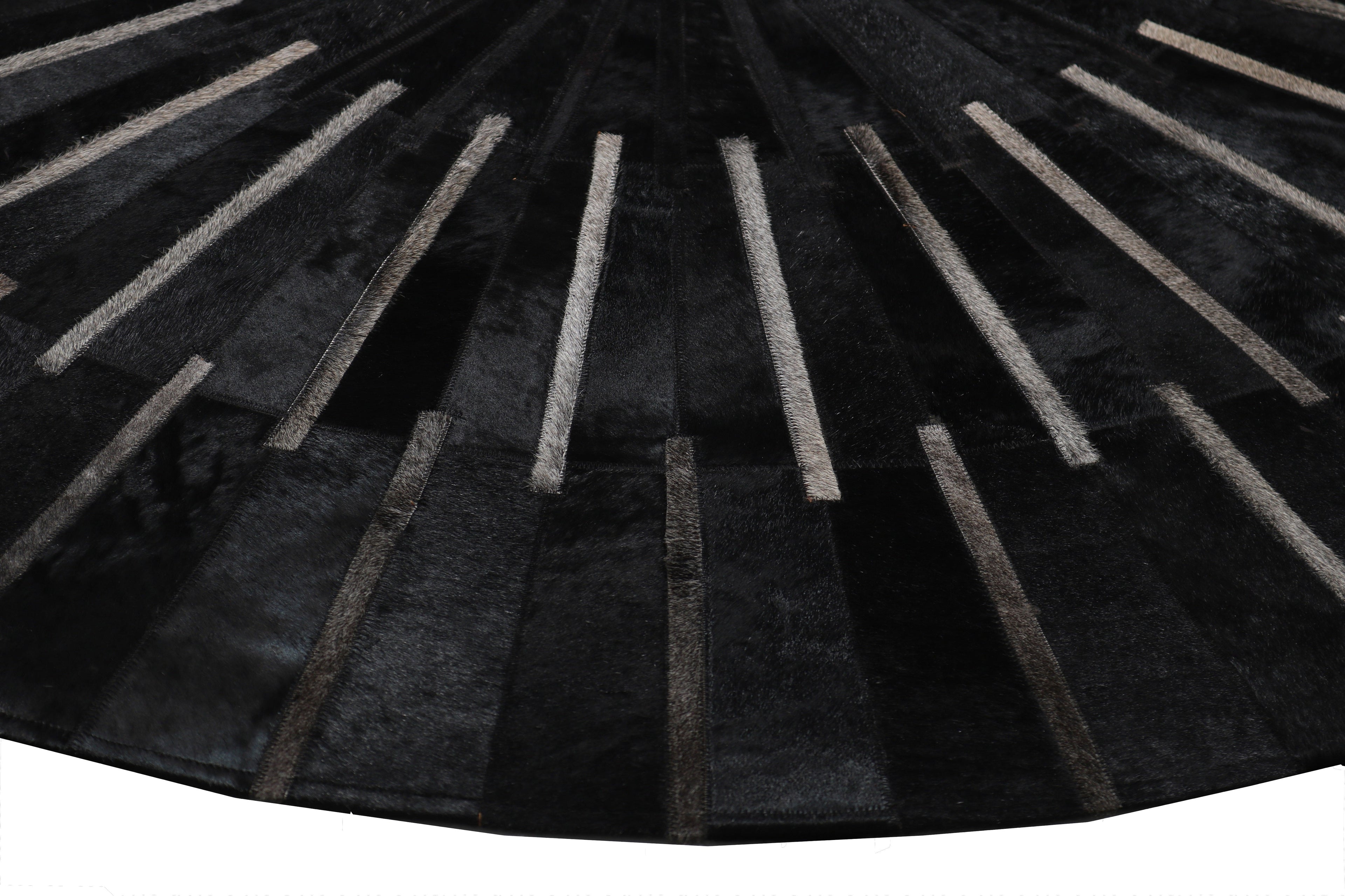 Geometric Round Cowhide Patchwork Rug – Black with Charcoal Stripes - Patchwork PCH216 Round