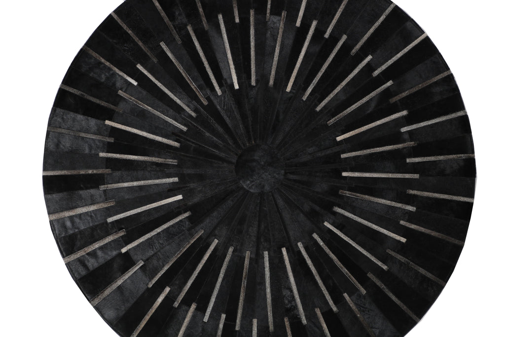 Geometric Round Cowhide Patchwork Rug – Black with Charcoal Stripes - Patchwork PCH216 Round